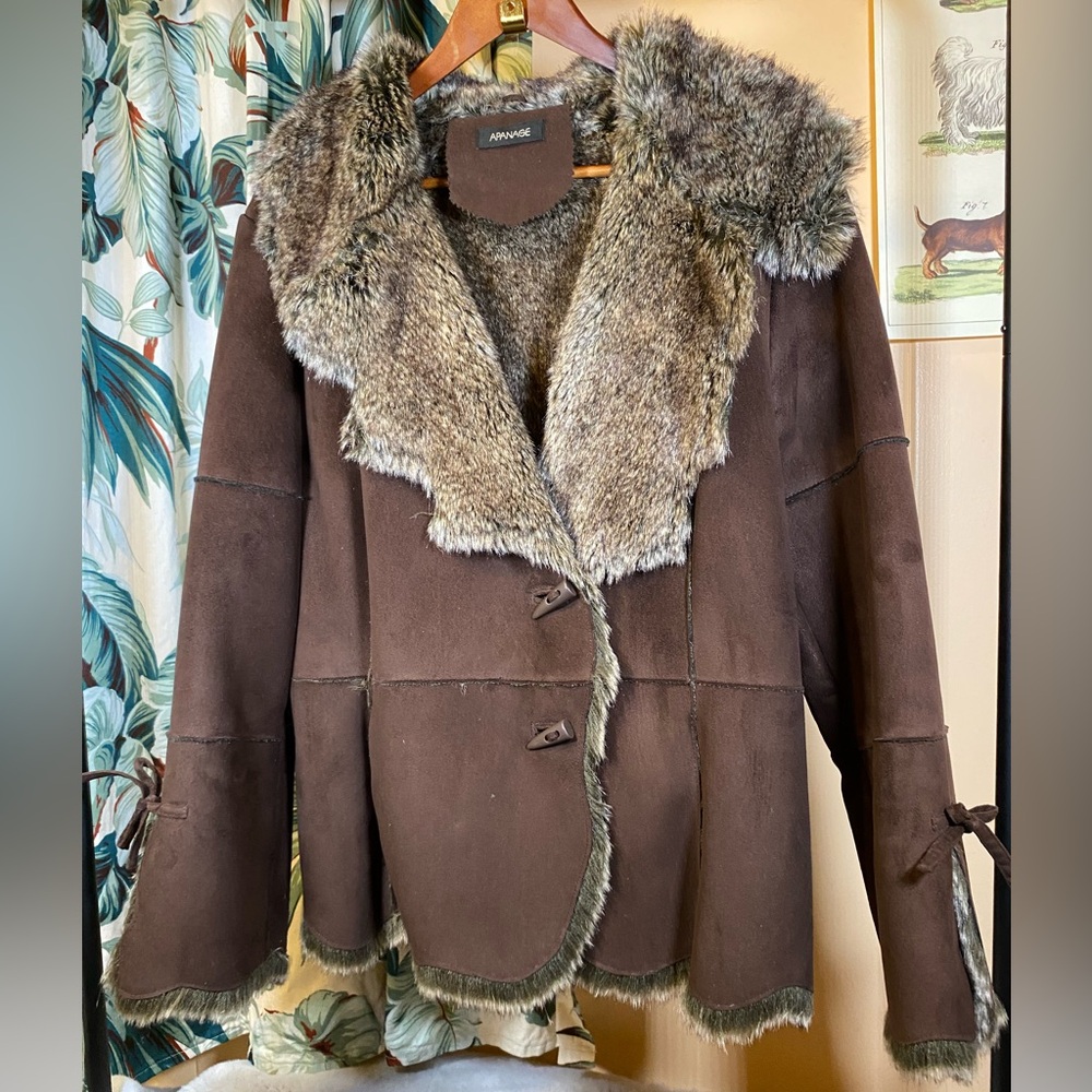 Vintage Apanage Faux Suede Fur Coat Jacket Leather Brown Shearling Sheepskin